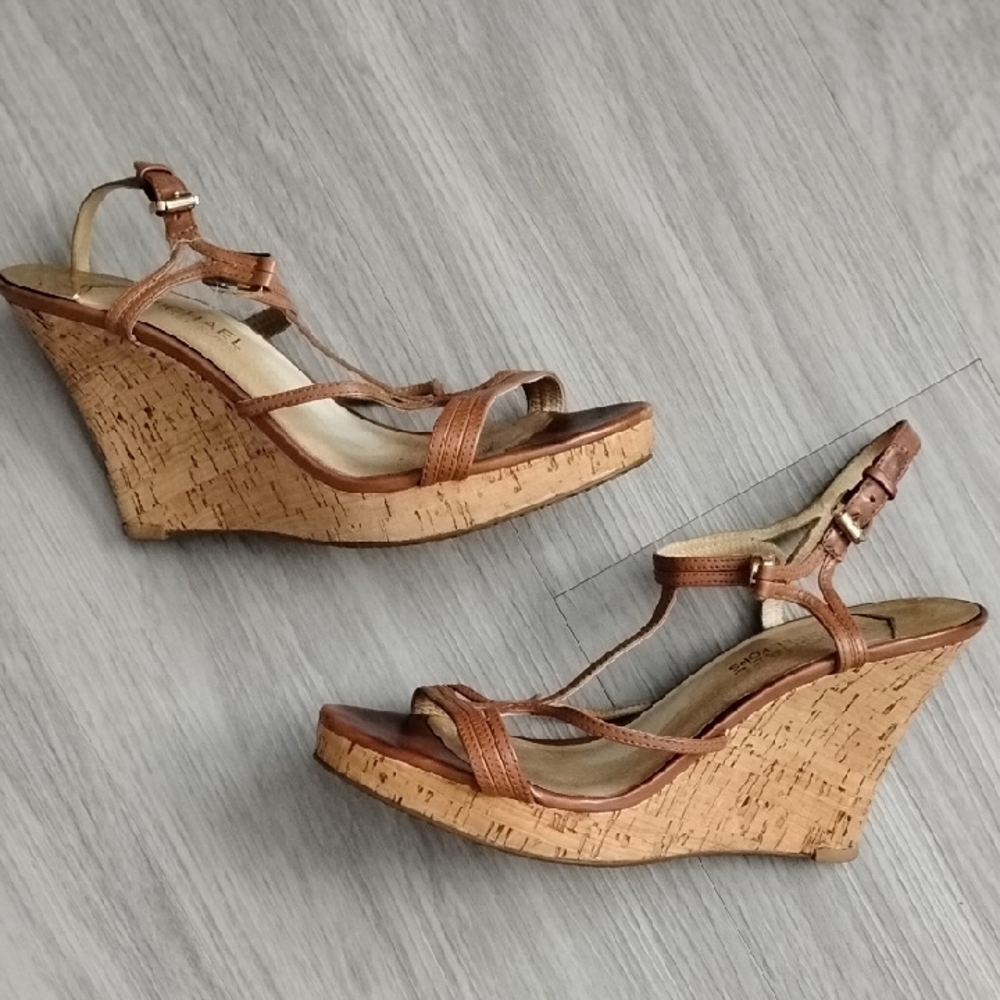 MICHAEL Michael Kors Tan Brown Cork Wedge Sandals